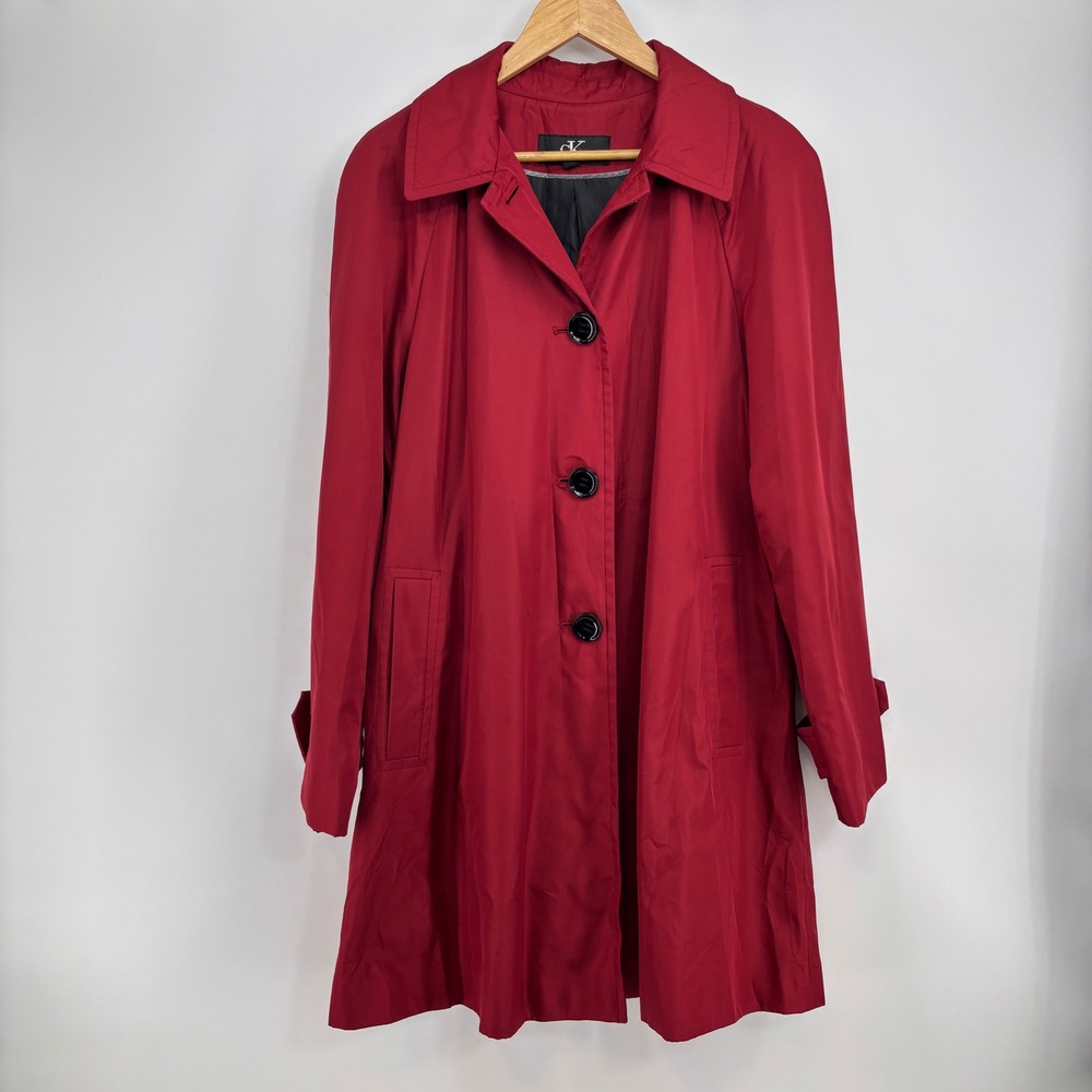 Calvin Klein Red Trench Coat Women Large Button Front Lined Mid Length Jacket
